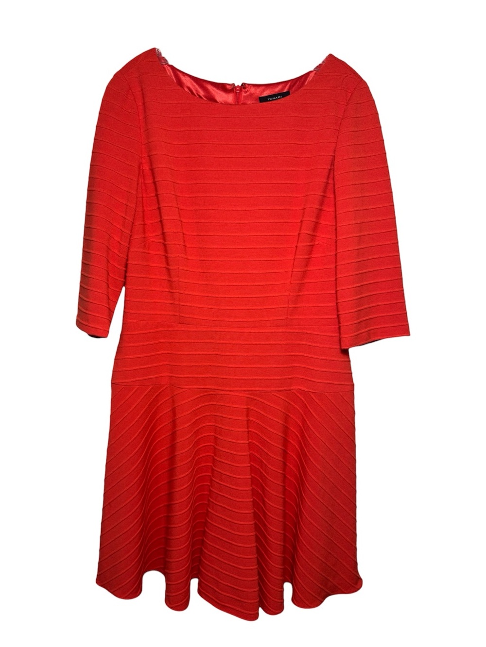 Tahari Arthur S. Levine A-Line Dress 12 Red Boat Neck 3/4 Sleeve Lined Zip